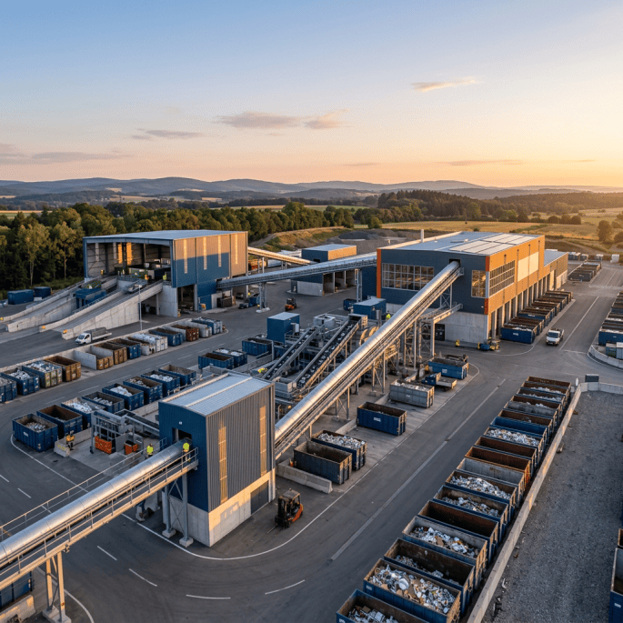 A recycling facility with conveyor belts, sorting buildings, and material containers